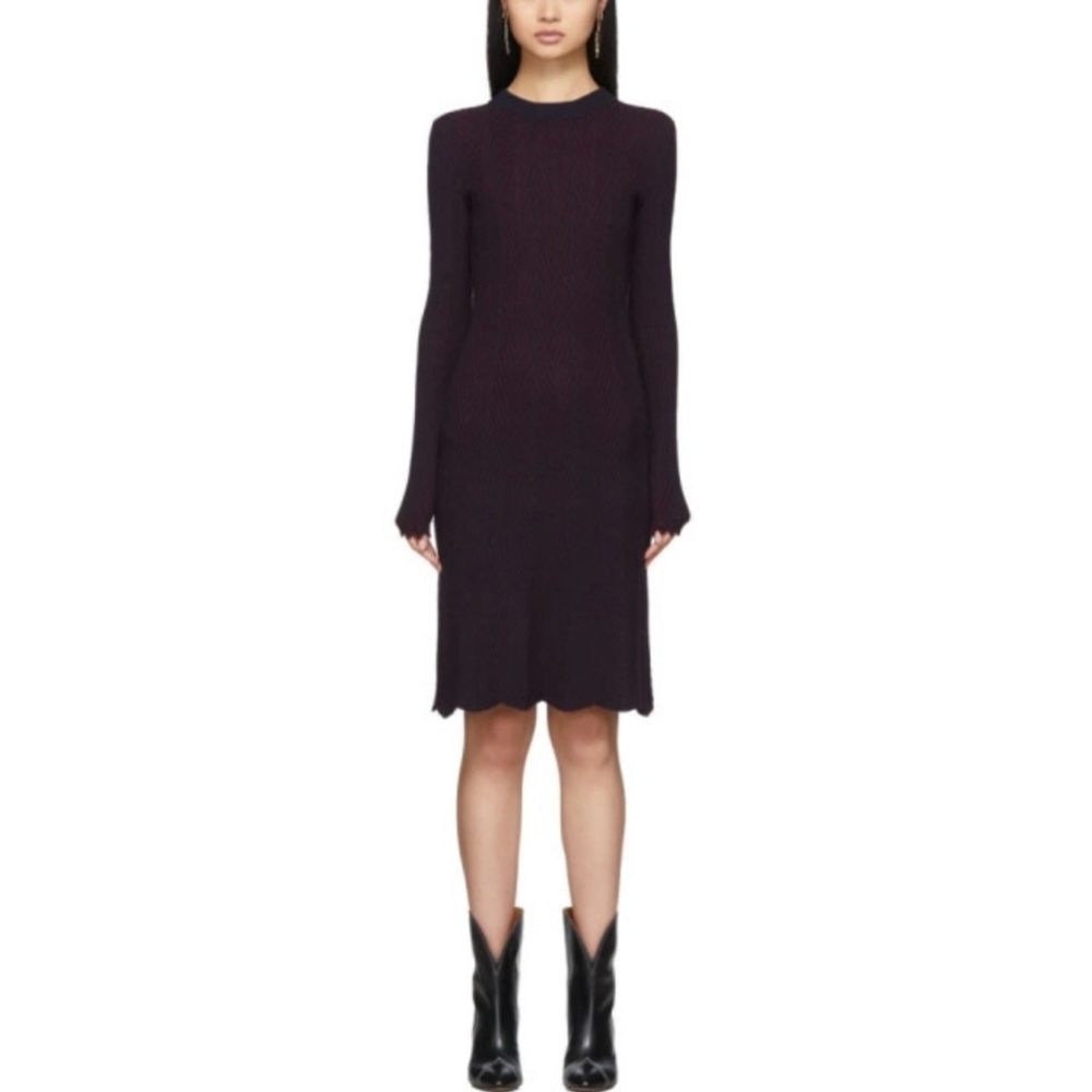 See By Chloe Ribbed Knit Scalloped Two Tones Long Sleeve Dress - Picture 2 of 14